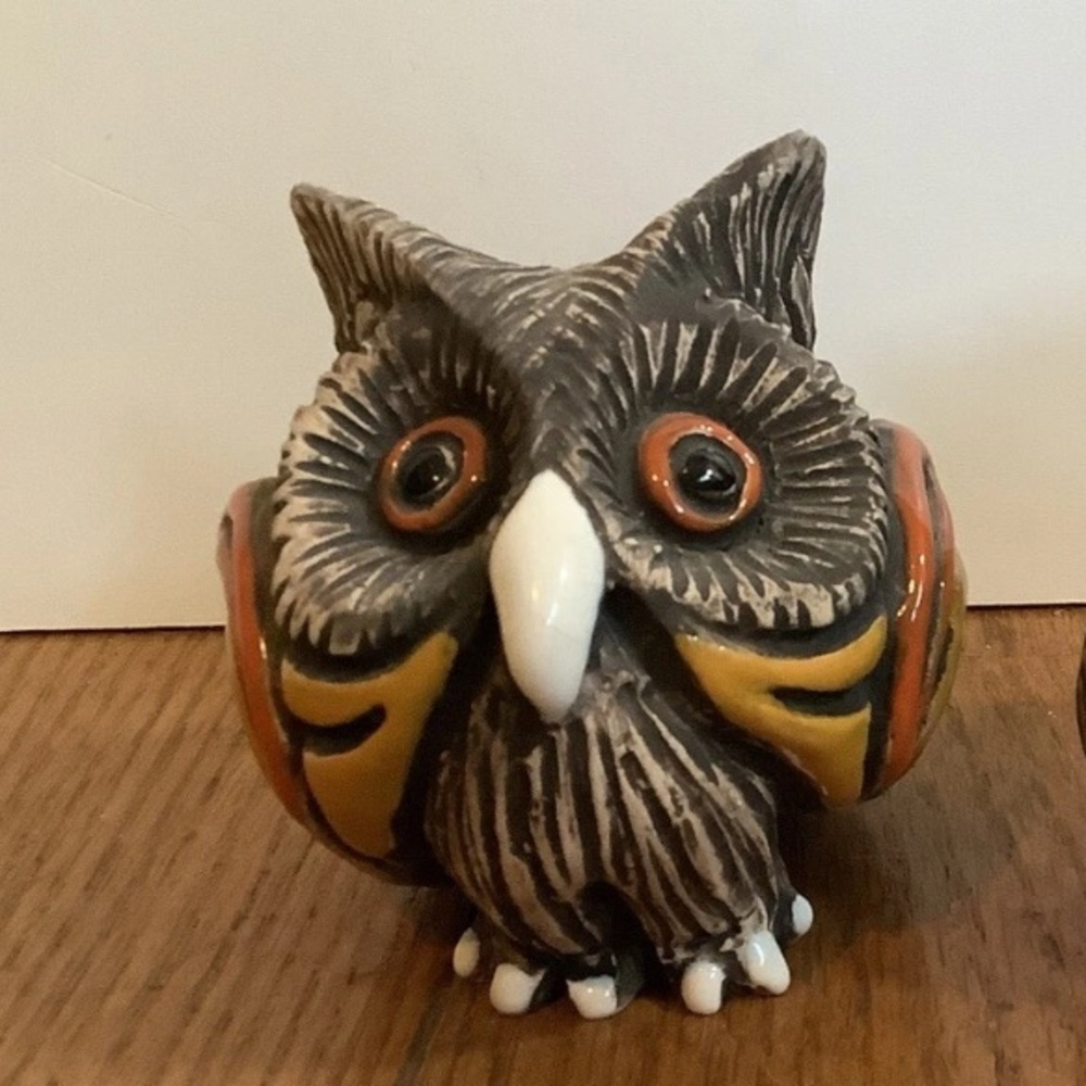 Vintage Artesania Rinconada Owl Figurine Ceramic Red Yellow Signed 3 inch